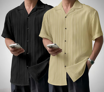METRONAUT Men Self Design Casual Cream, Black Shirt(Pack of 2)