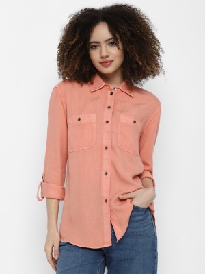 American Eagle Outfitters Women Solid Casual Orange Shirt