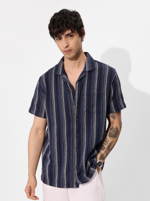 The Souled Store Men Striped Casual Dark Blue Shirt