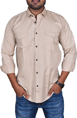 river green Men Solid Casual Beige Shirt