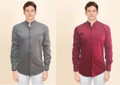 Sky Global Men Solid Casual Grey, Maroon Shirt(Pack of 2)