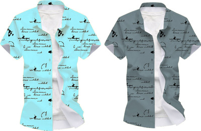 Blue dove Men Printed Casual Light Blue, Grey Shirt(Pack of 2)