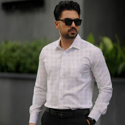 Binayak Men Checkered Formal White Shirt