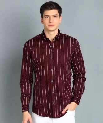 SEIGE Men Striped Casual Maroon, White Shirt