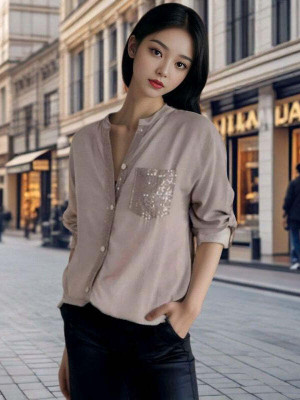 OUTZIDR Women Embellished, Solid Casual Gold Shirt