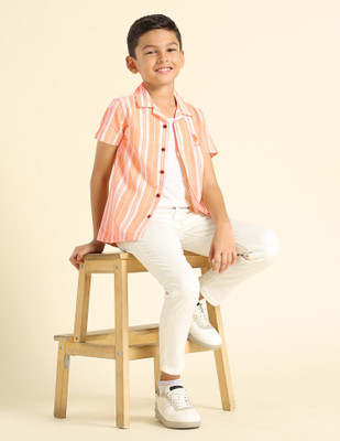 U.S. POLO ASSN. Boys Striped Casual Orange Shirt