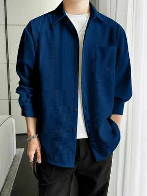 VIVOLOCA Men Self Design Casual Dark Blue Shirt