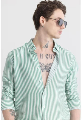 MANNFashions Men Striped Formal Green Shirt