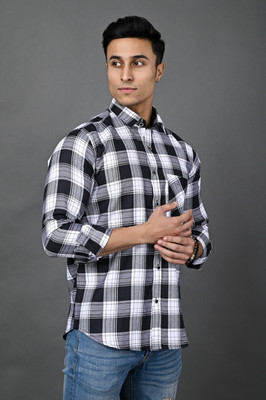 CottonMS Men Checkered Casual White, Black Shirt
