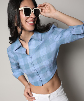 CAMPUS SUTRA Women Checkered Casual Light Blue Shirt