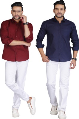 Wristy Men Solid Casual Maroon, Dark Blue Shirt(Pack of 2)