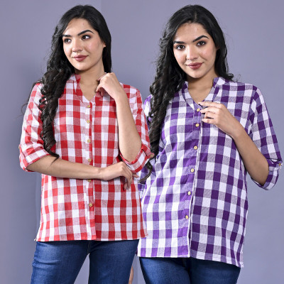 FABISHO Women Checkered Casual Pink, Purple Shirt(Pack of 2)
