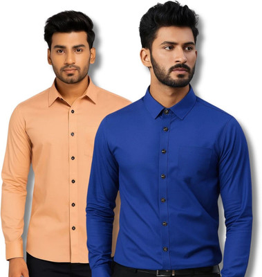 VIMASUTI Men Solid Casual Orange, Dark Blue Shirt(Pack of 2)