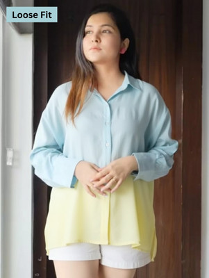 maaesa Women Dyed/Ombre Casual Yellow, Light Blue Shirt