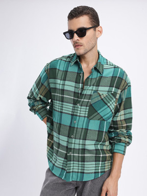 Glitchez Men Checkered Casual Green Shirt