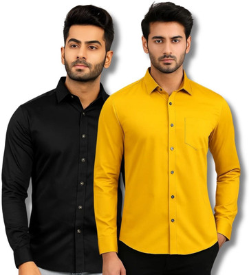 VIMASUTI Men Solid Casual Black, Yellow Shirt(Pack of 2)