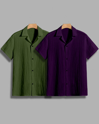 House of Vinay Men Self Design, Solid Casual Green, Purple Shirt(Pack of 2)