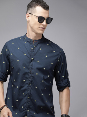 Roadster Men Printed Casual Dark Blue, White Shirt