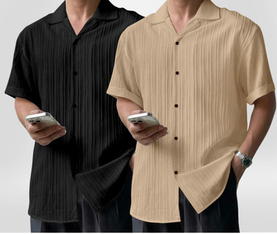 METRONAUT Men Self Design Casual Black, Cream Shirt(Pack of 2)