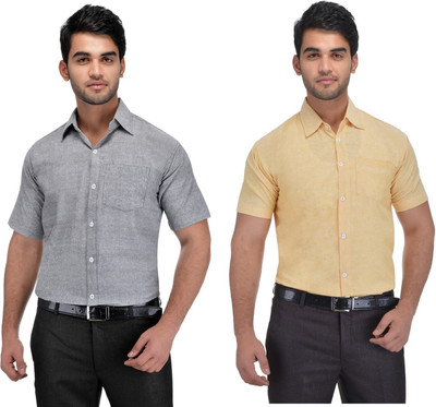DESHBANDHU KHADI Men Self Design, Solid Formal Multicolor Shirt(Pack of 2)