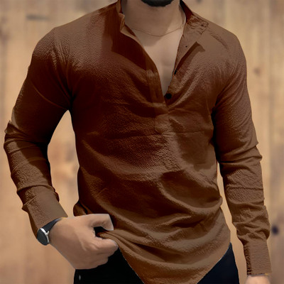 COMBRAIDED Men Self Design Casual Brown Shirt