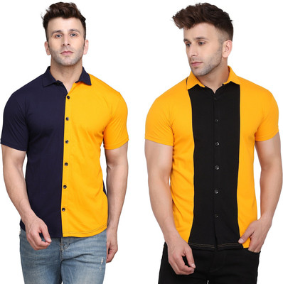 BEYOU FASHION Men Solid Casual Black, Yellow Shirt(Pack of 2)