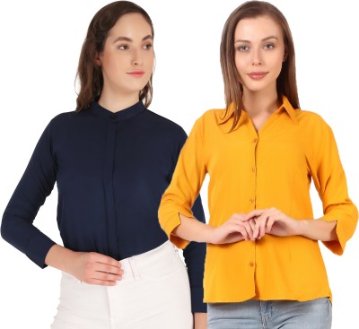 Mamnoon Women Solid Formal Dark Blue, Yellow Shirt(Pack of 2)