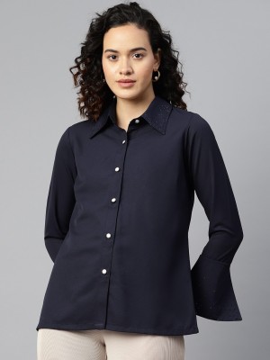 PLUSS Women Solid Casual Dark Blue Shirt