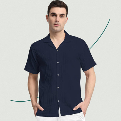 METRON Men Self Design Casual Dark Blue Shirt