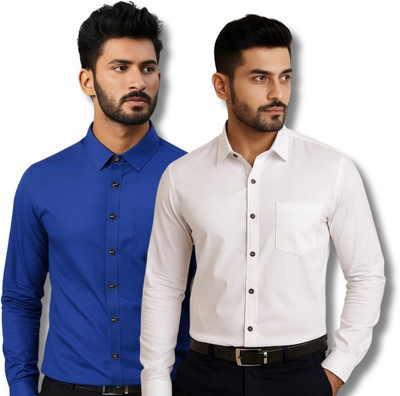 CROWNTAIL Men Solid Casual Dark Blue, White Shirt(Pack of 2)