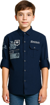 CAVIO Boys Printed Casual Dark Blue Shirt