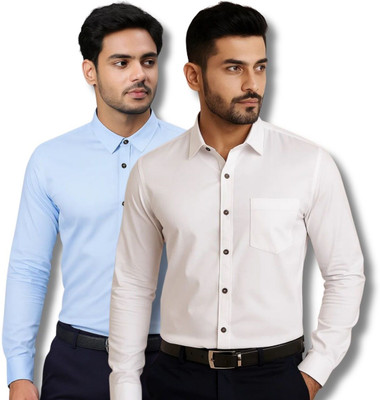 RAREMARK Men Solid Casual Light Blue, White Shirt(Pack of 2)