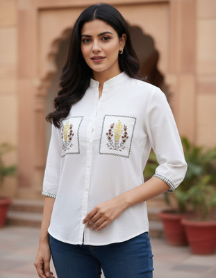 KSHARAA Women Embroidered Casual White Shirt