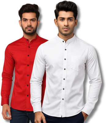 CROWNTAIL Men Solid Casual Red, White Shirt(Pack of 2)