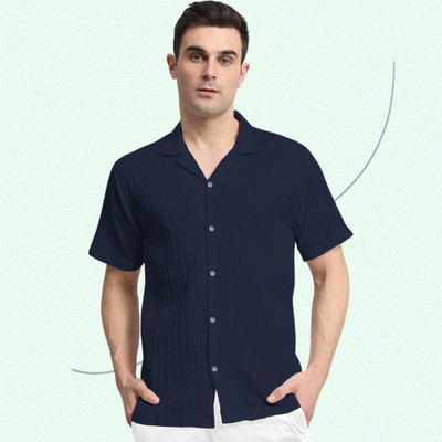 A Vebnor Men Self Design, Striped Casual Dark Blue Shirt