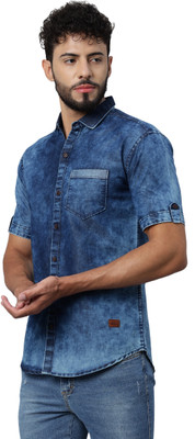 GreenFlair Men Washed Formal Blue Shirt