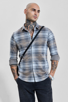 Snitch Men Checkered Casual Grey, White, Blue Shirt