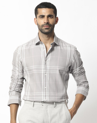RARE RABBIT Men Checkered Formal Grey, White Shirt