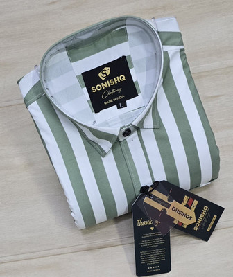 SONISHQ Men Striped Casual Light Green, White Shirt