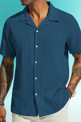 A DEEMOON TREND Men Self Design Casual Blue Shirt