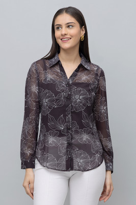 PURYS Women Floral Print Casual Black, White Shirt