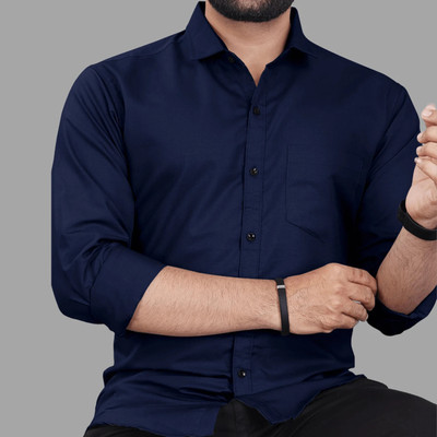 CLOSWIF Men Solid Casual Dark Blue Shirt
