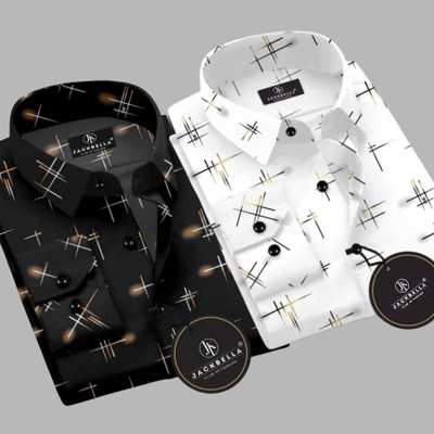 SHUBHFLAX Men Printed Formal Black, White Shirt(Pack of 2)