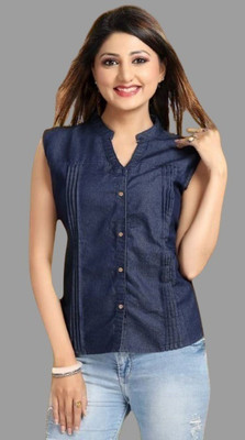 HouseOfCommon Women Solid Casual Blue Shirt