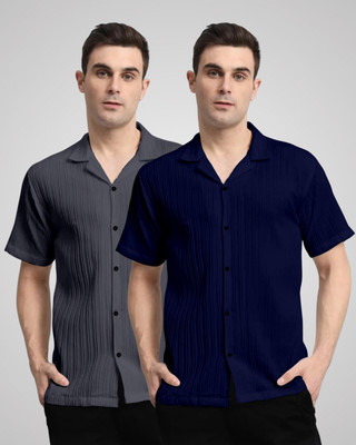 kruze Men Self Design Casual Grey, Dark Blue Shirt(Pack of 2)