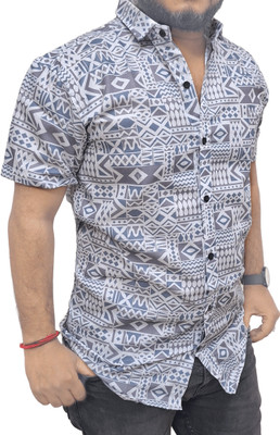 Style Grove Men Printed Casual Grey, White, Blue Shirt