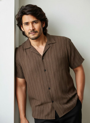 SEVENTEENSTITCH Men Solid, Striped Casual Brown Shirt