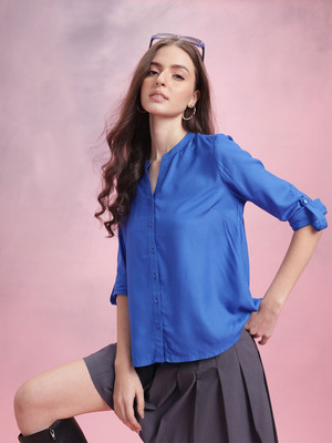 Dressberry Women Solid Casual Blue Shirt
