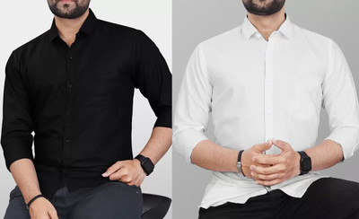 Pactimo Men Solid Casual White, Black Shirt(Pack of 2)