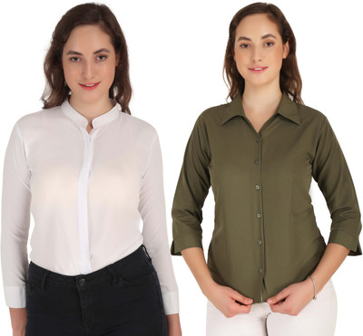 Hunoor Women Solid Formal Green, White Shirt(Pack of 2)
